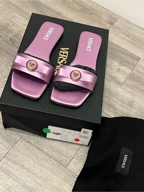 Versace Lilac Satin Slide Sandals with Gold Medusa Accent